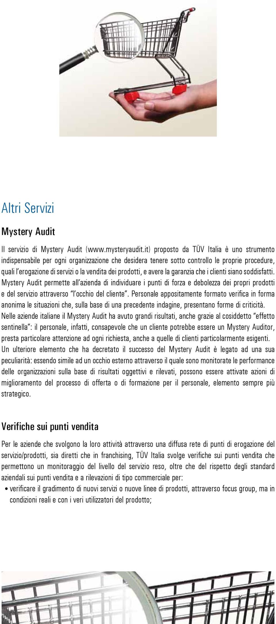 avere la garanzia che i clienti siano soddisfatti. Mystery Audit permette all azienda di individuare i punti di forza e debolezza dei propri prodotti e del servizio attraverso l occhio del cliente.