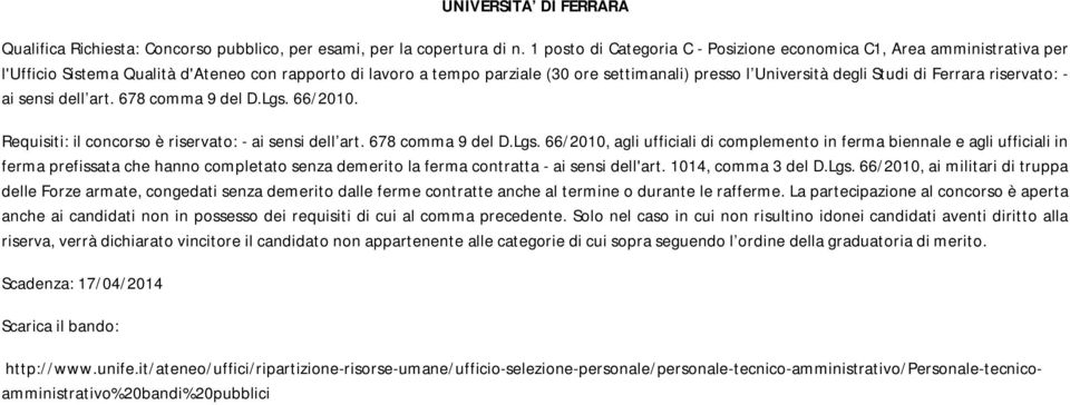 Studi di Ferrara riservato: - ai sensi dell art. 678 comma 9 del D.Lgs.