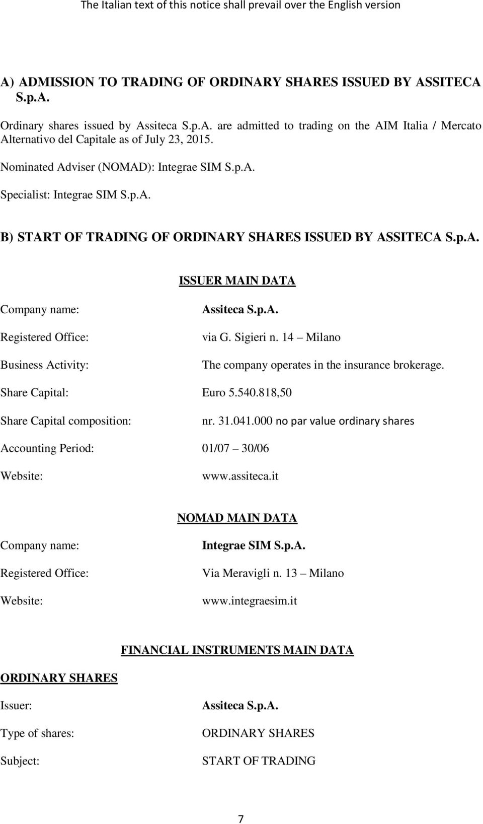 p.A. via G. Sigieri n. 14 Milano The company operates in the insurance brokerage. Share Capital: Euro 5.540.818,50 Share Capital composition: nr. 31.041.