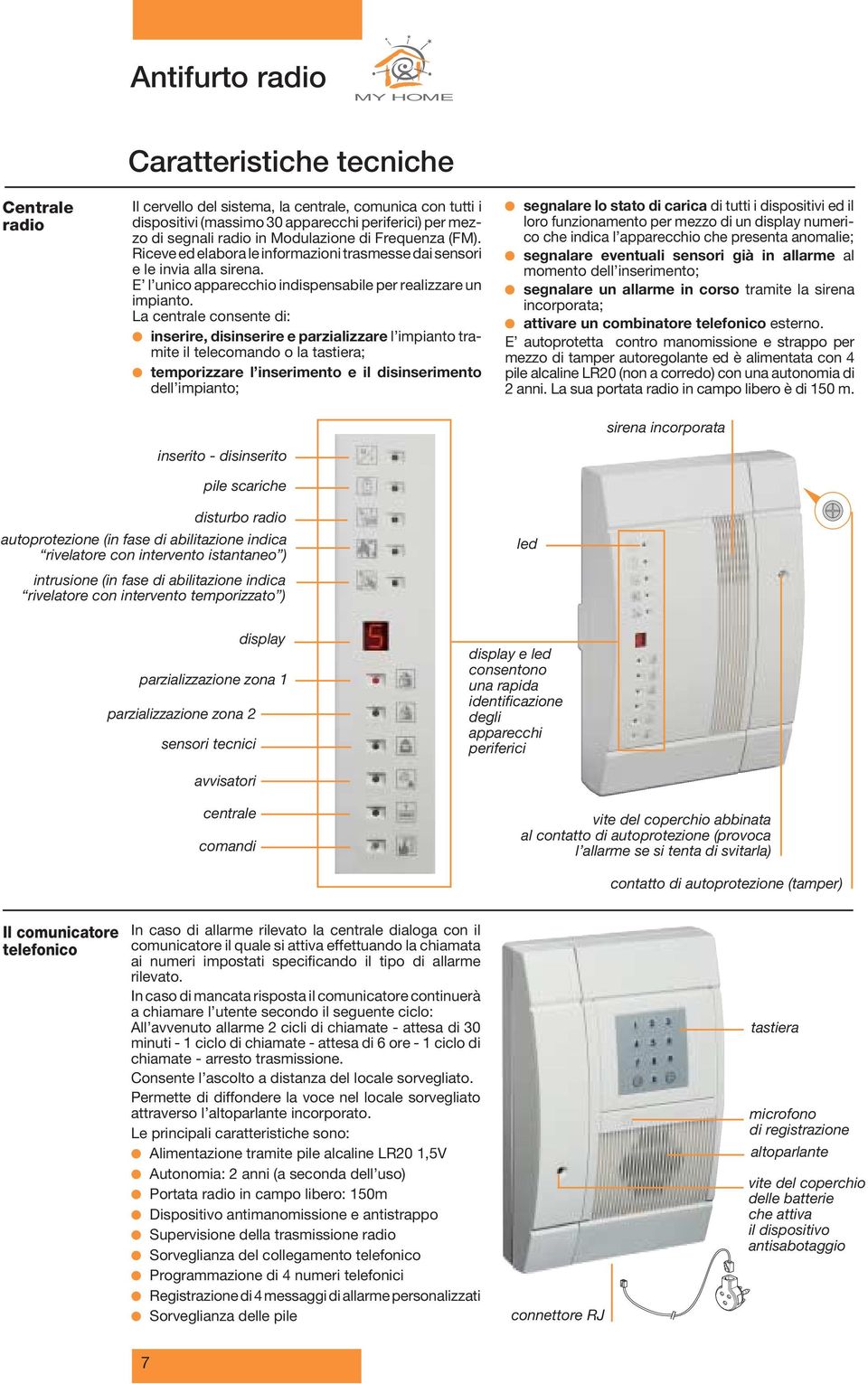 La ntral onsnt di: insrir, disinsrir parzializzar l impianto tramit il tlomando o la tastira; tmporizzar l insrimnto il disinsrimnto dll impianto; sgnalar lo stato di aria di tutti i dispositivi d il