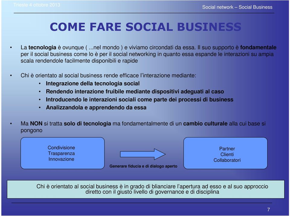 orientato al social business rende efficace l interazione mediante: Integrazione della tecnologia social Rendendo interazione fruibile mediante dispositivi adeguati al caso Introducendo le