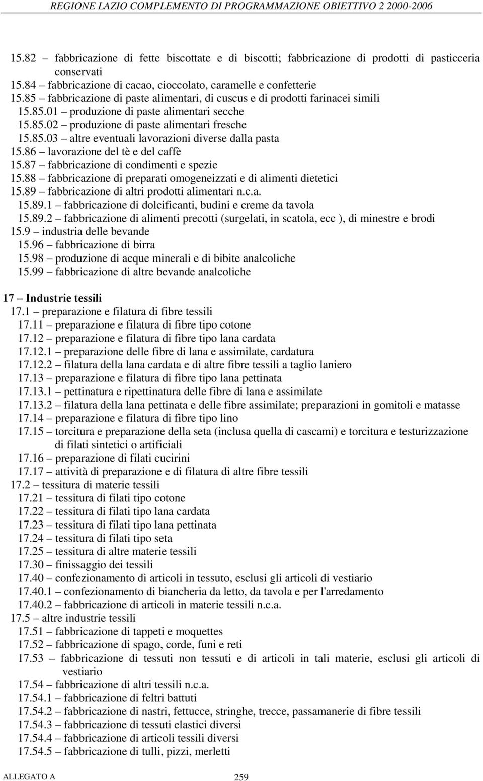 86 lavorazione del tè e del caffè 15.87 fabbricazione di condimenti e spezie 15.88 fabbricazione di preparati omogeneizzati e di alimenti dietetici 15.89 fabbricazione di altri prodotti alimentari n.