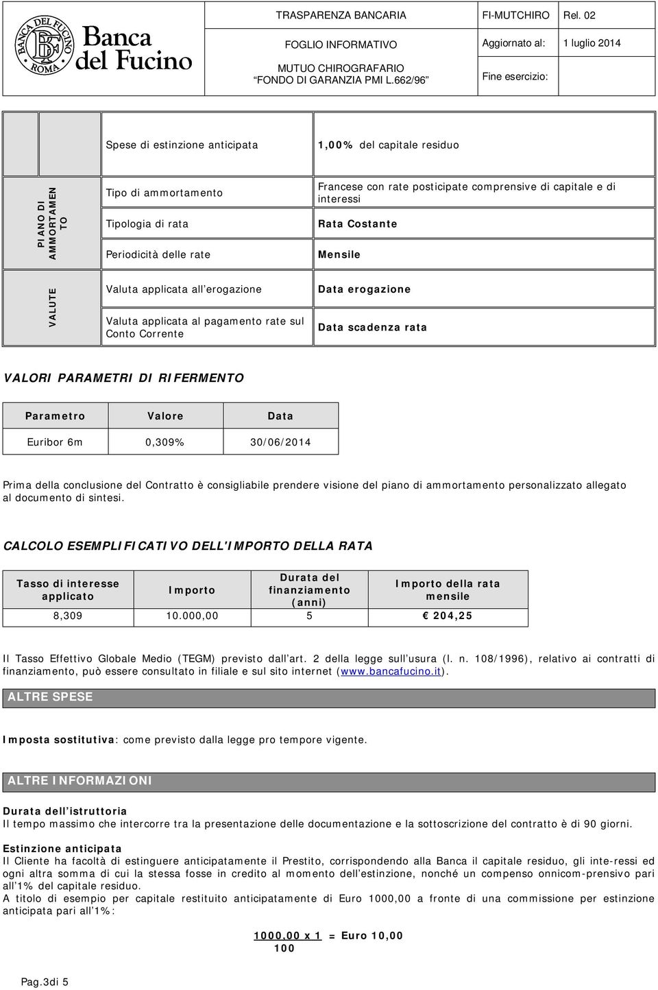 Parametro Valore Data Euribor 6m 0,309% 30/06/2014 Prima della conclusione del Contratto è consigliabile prendere visione del piano di ammortamento personalizzato allegato al documento di sintesi.