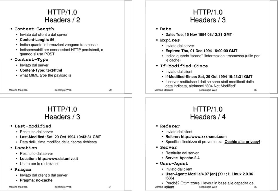 Inviato dal server Content-Type: text/html what MIME type the payload is Moreno Marzolla Tecnologie Web 29 Date HTTP/1.