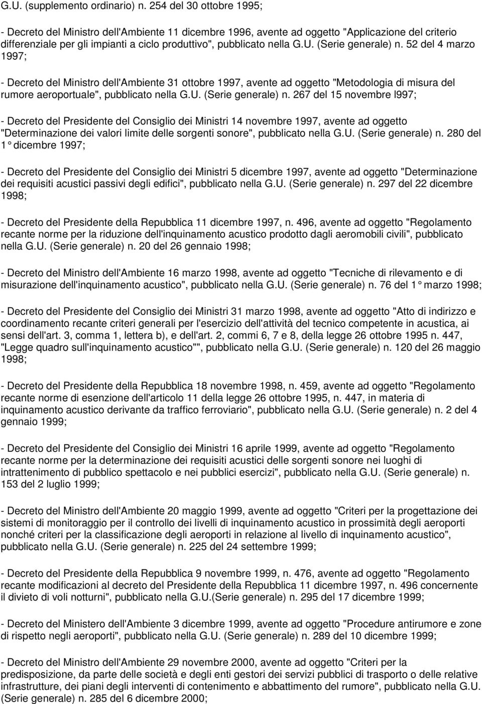 (Serie generale) n. 52 del 4 marzo 1997; - Decreto del Ministro dell'ambiente 31 ottobre 1997, avente ad oggetto "Metodologia di misura del rumore aeroportuale", pubblicato nella G.U.