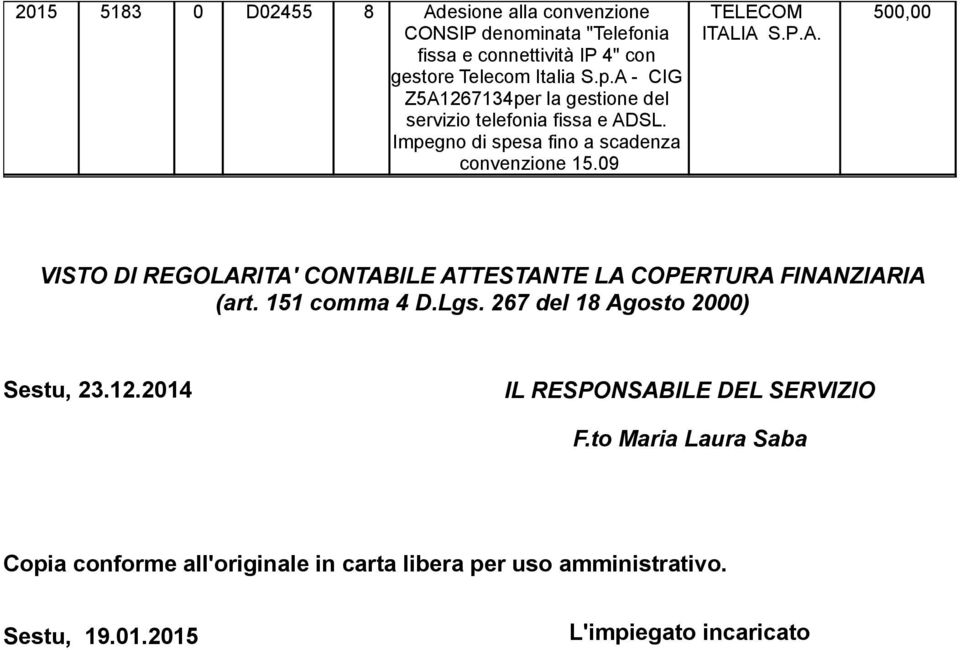 267 del 18 Agosto 2000) Sestu, 23.12.2014 IL RESPONSABILE DEL SERVIZIO F.