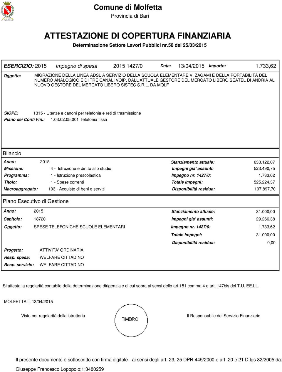 ZAGAMI E DELLA PORTABILITÀ DEL NUMERO ANALOGICO E DI TRE CANALI VOIP, DALL ATTUALE GESTORE DEL MERCATO LIBERO SEATEL DI ANDRIA AL NUOVO GESTORE DEL MERCATO LIBERO SISTEC S.R.L. DA MOLF SIOPE: 1315 - Utenze e canoni per telefonia e reti di trasmissione Piano dei Conti Fin.