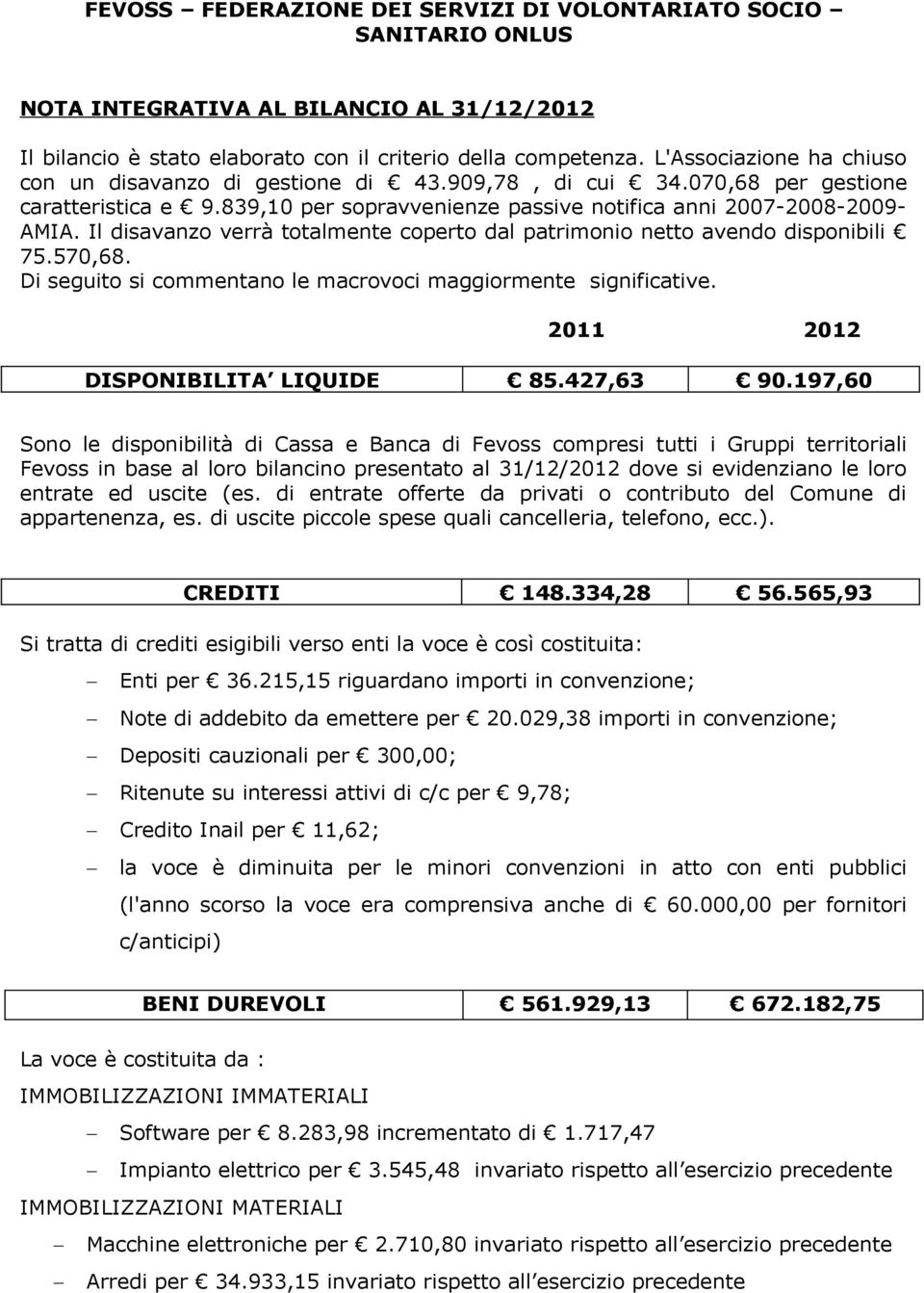 Il disavanzo verrà totalmente coperto dal patrimonio netto avendo disponibili 75.570,68. Di seguito si commentano le macrovoci maggiormente significative. 2011 2012 DISPONIBILITA LIQUIDE 85.427,63 90.