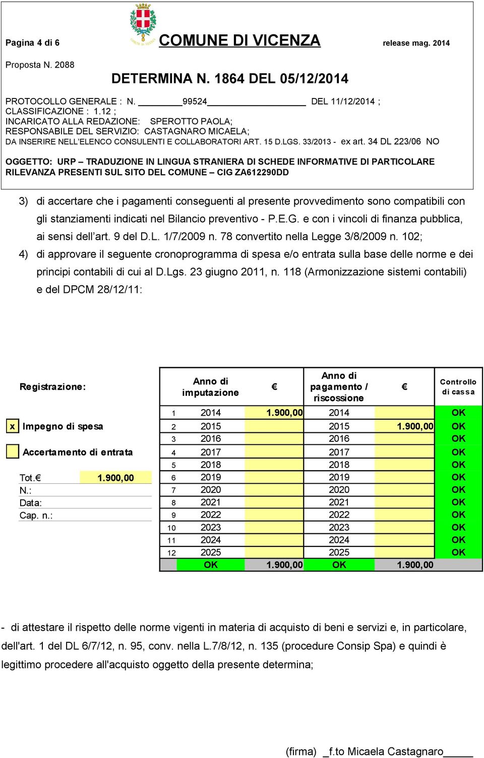 102; 4) di approvare il seguente cronoprogramma di spesa e/o entrata sulla base delle norme e dei principi contabili di cui al D.Lgs. 23 giugno 2011, n.