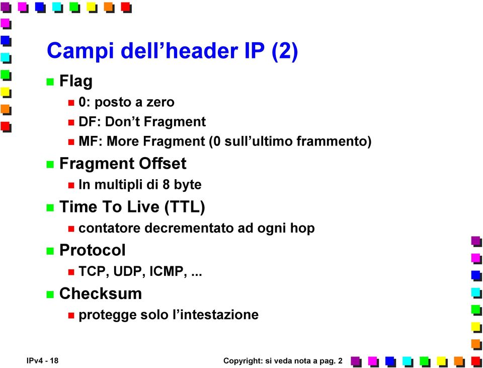 Time To Live (TTL) contatore decrementato ad ogni hop Protocol TCP, UDP,