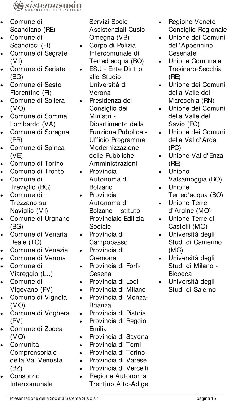 Cusio- Omegna (VB) Corpo di Polizia Intercomunale di Terred'acqua (BO) ESU - Ente Diritto allo Studio Università di Verona Presidenza del Consiglio dei Ministri - Dipartimento della Funzione Pubblica