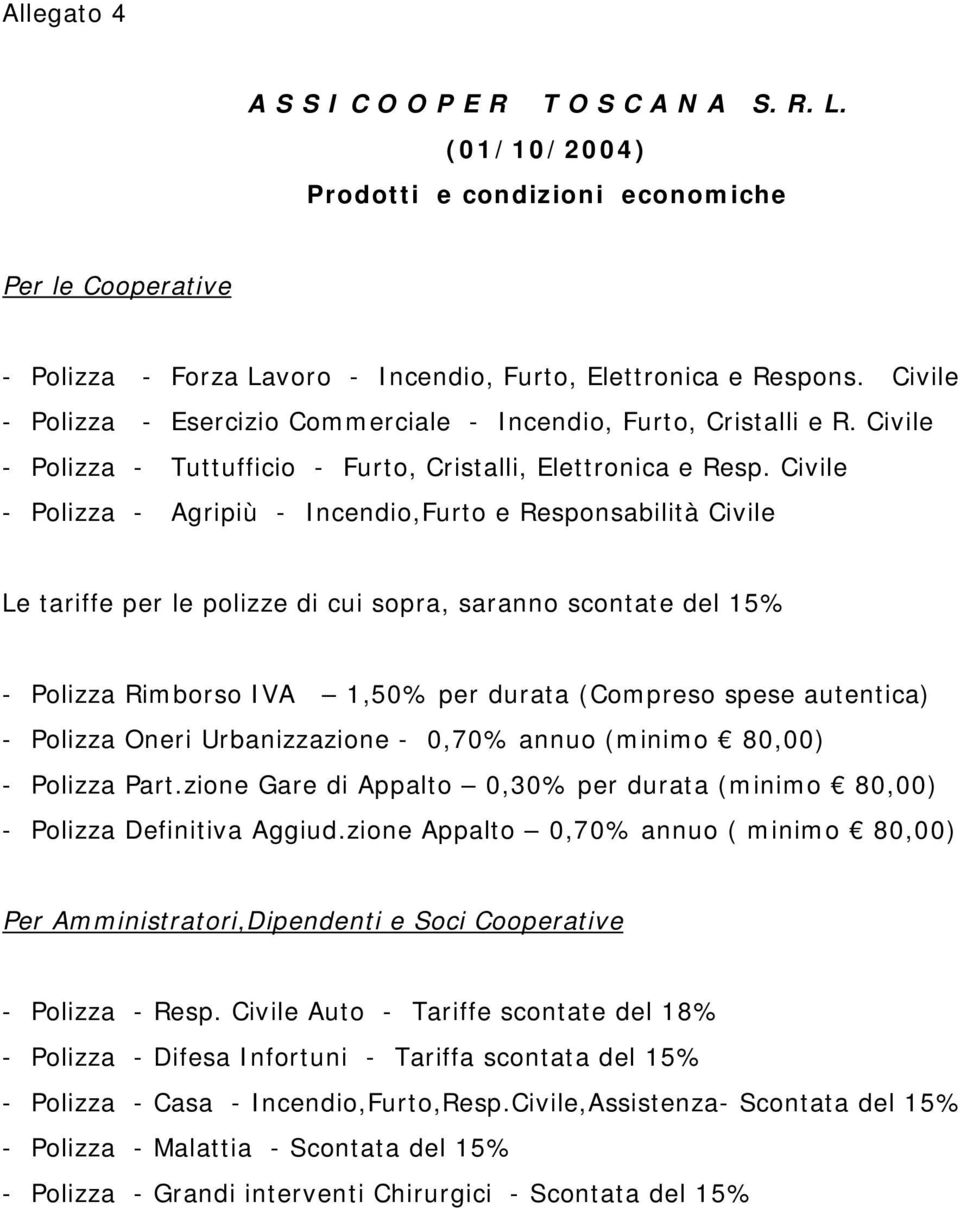 Civile - Polizza - Agripiù - Incendio,Furto e Responsabilità Civile Le tariffe per le polizze di cui sopra, saranno scontate del 15% - Polizza Rimborso IVA 1,50% per durata (Compreso spese autentica)