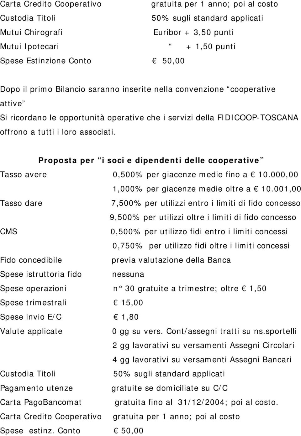 Proposta per i soci e dipendenti delle cooperative Tasso avere 0,500% per giacenze medie fino a 10.000,00 1,000% per giacenze medie oltre a 10.