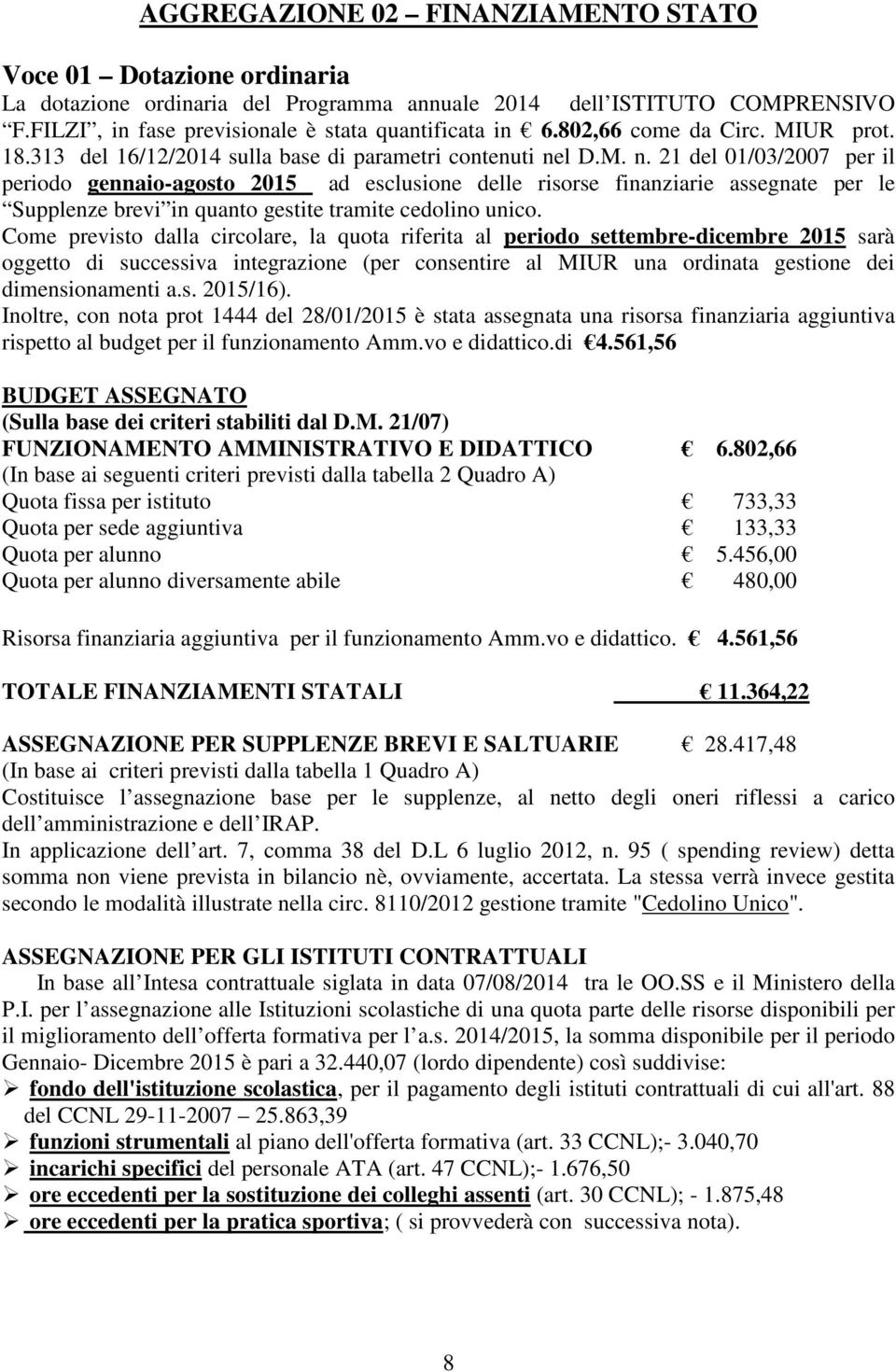 l D.M. n. 21 del 01/03/2007 per il periodo gennaio-agosto 2015 ad esclusione delle risorse finanziarie assegnate per le Supplenze brevi in quanto gestite tramite cedolino unico.