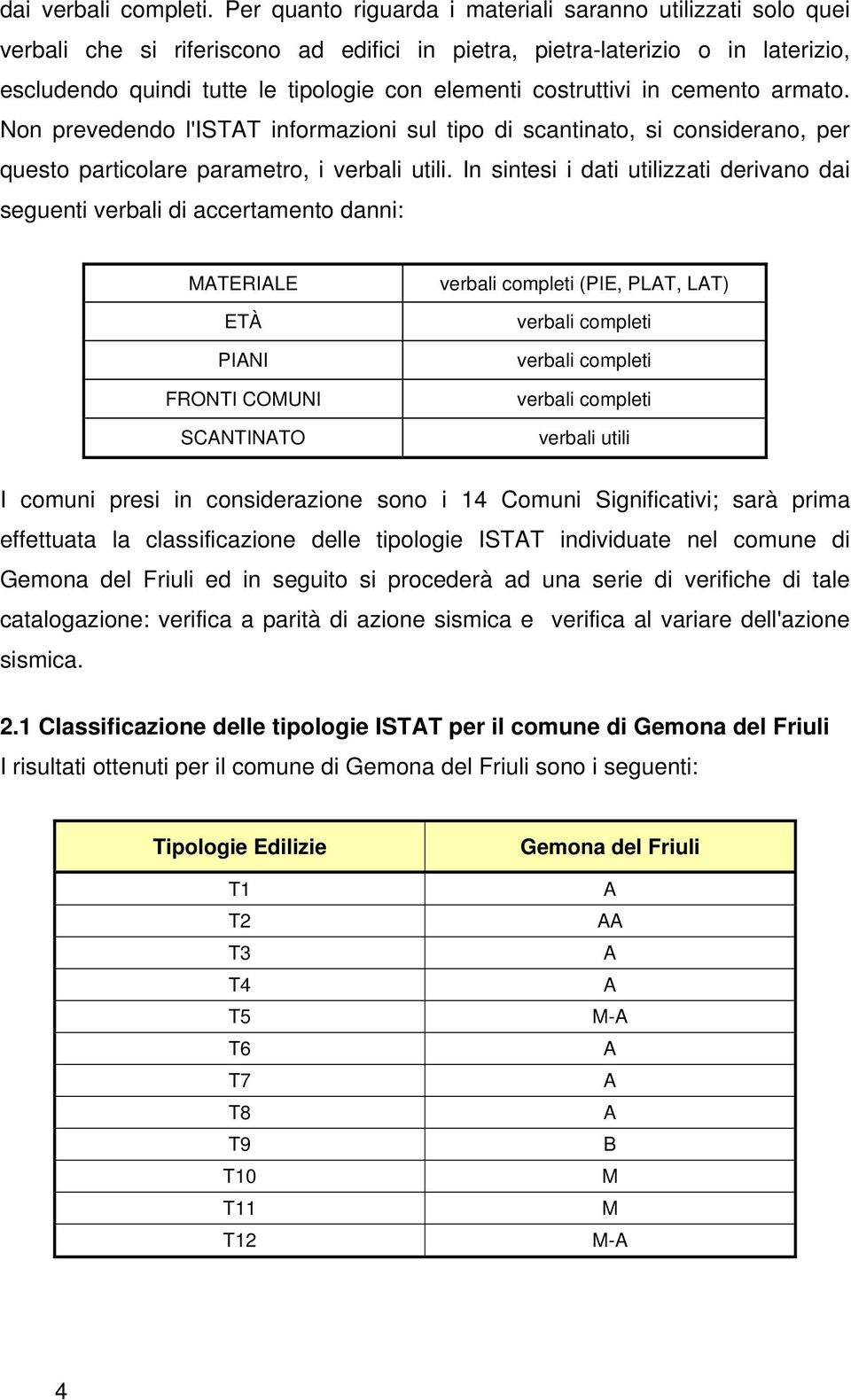 costruttivi in cemento armato. Non prevedendo l'istat informazioni sul tipo di scantinato, si considerano, per questo particolare parametro, i verbali utili.