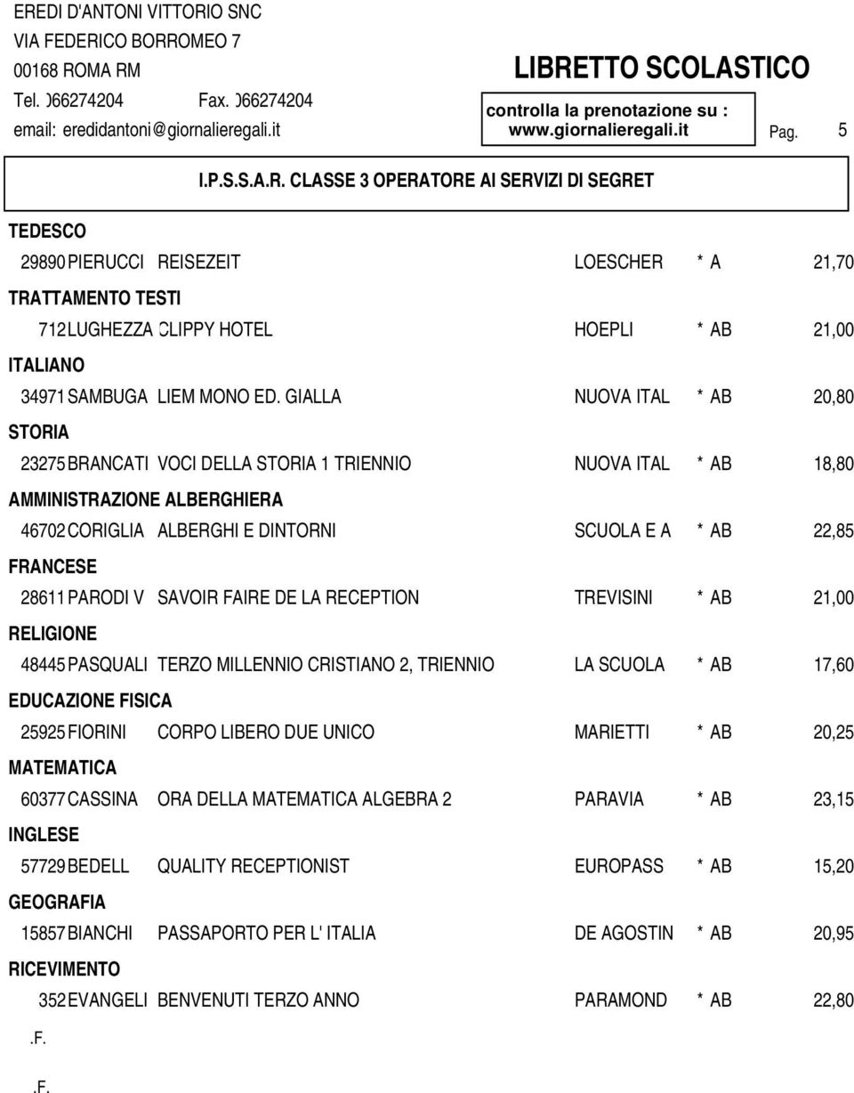 DE LA RECEPTION TREVISINI * AB 21,00 48445PASQUALI TERZO MILLENNIO CRISTIANO 2, TRIENNIO LA SCUOLA * AB 17,60 25925FIORINI CORPO LIBERO DUE UNICO MARIETTI * AB 20,25 60377CASSINA ORA DELLA ALGEBRA