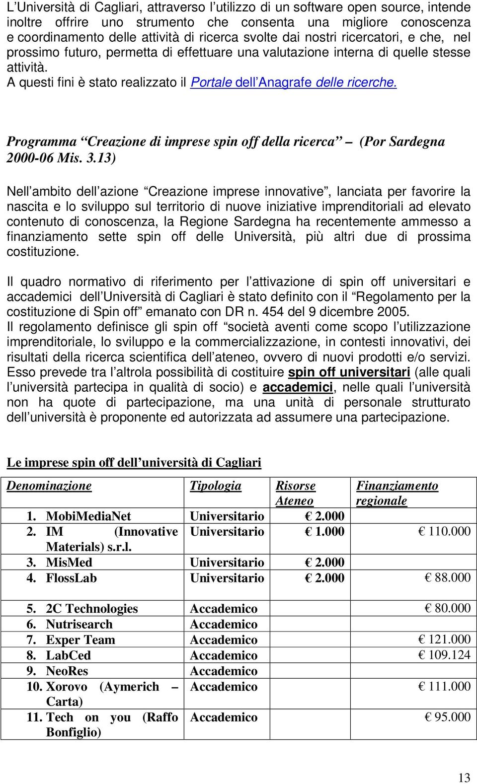 Programma Creazione di imprese spin off della ricerca (Por Sardegna 2000-06 Mis. 3.