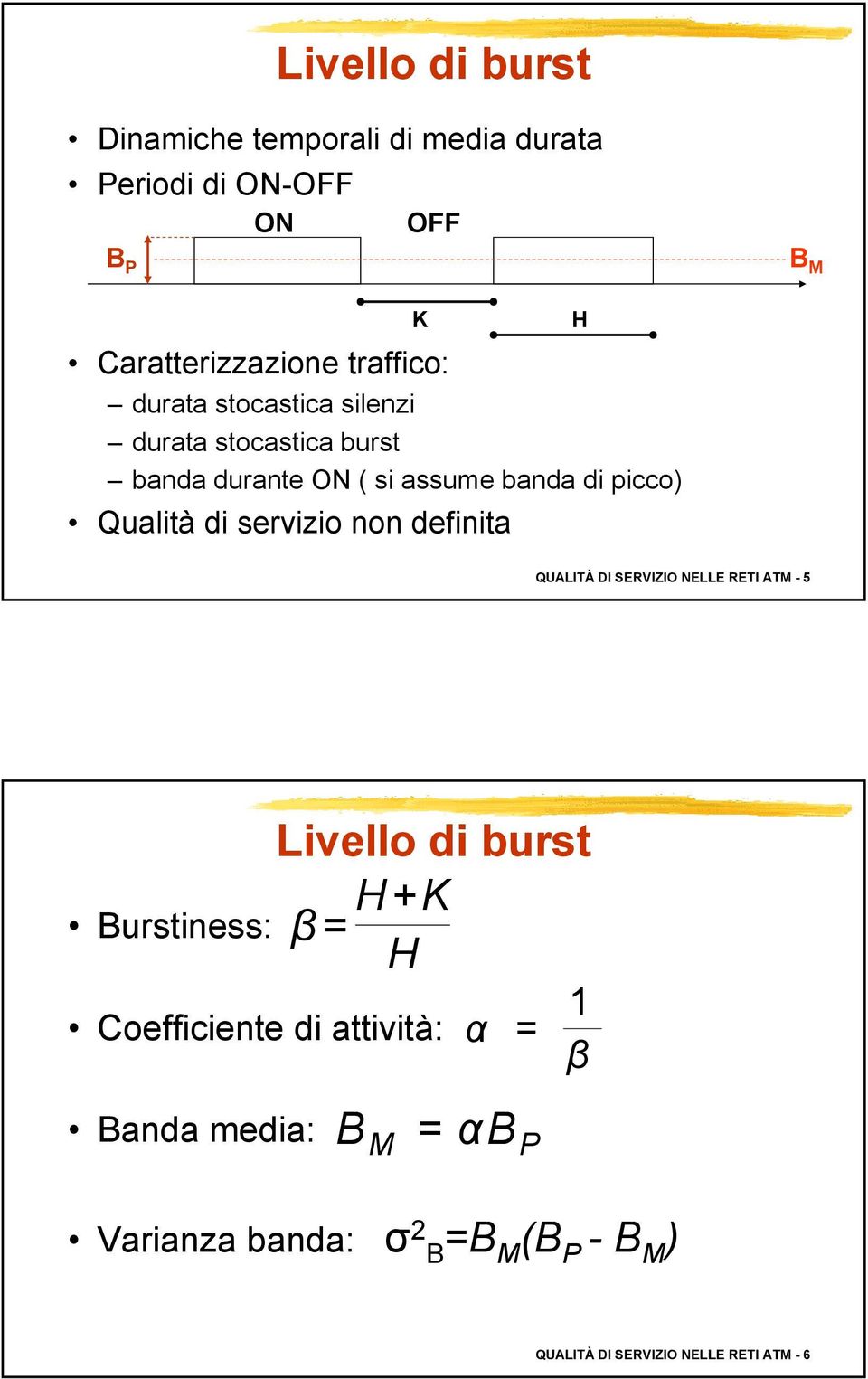 non definita K H QUALITÀ DI SERVIZIO NELLE RETI ATM - 5 Burstiness: Livello di burst H + K β = H Coefficiente di