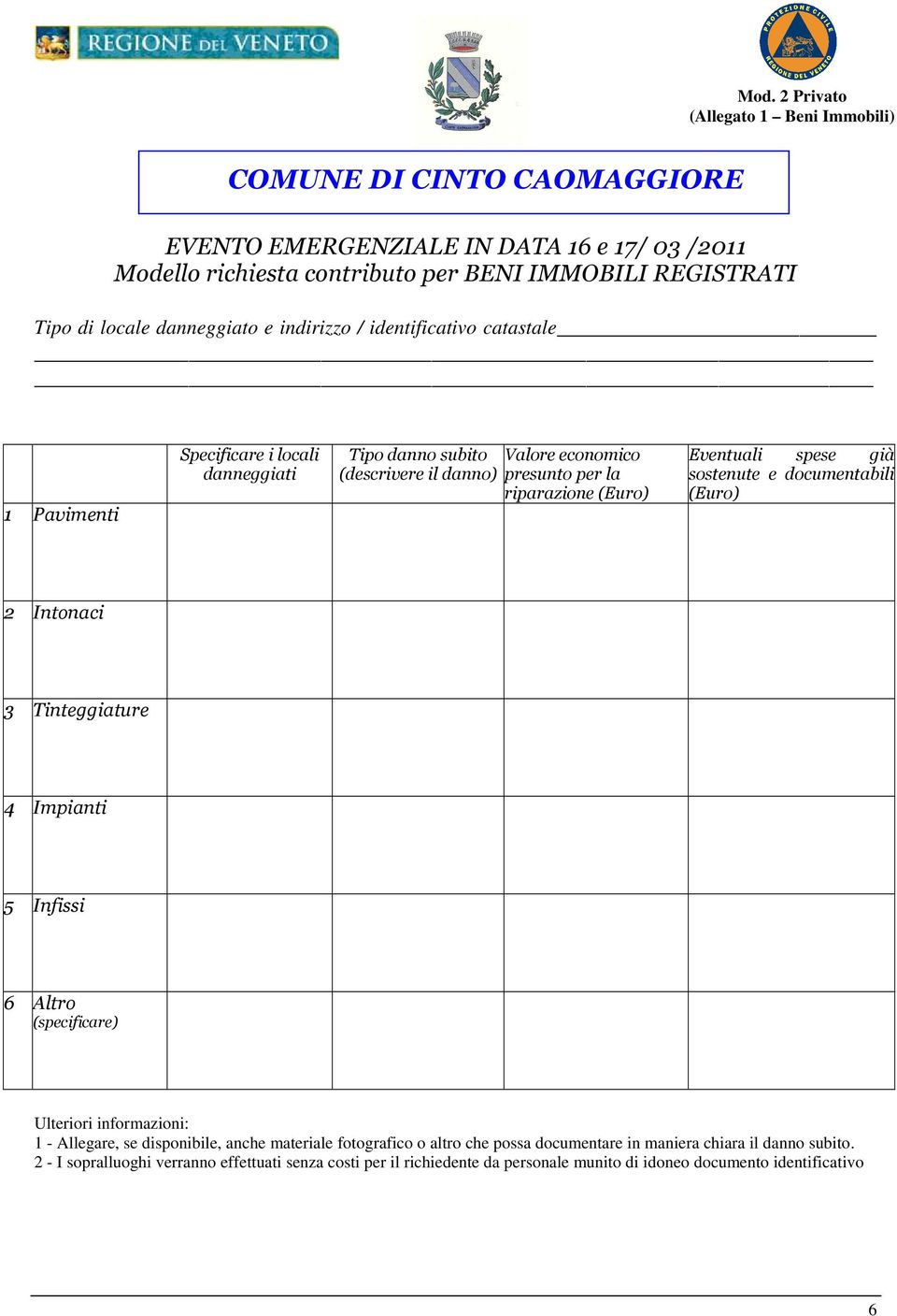 Eventuali spese già sostenute e documentabili (Euro) 2 Intonaci 3 Tinteggiature 4 Impianti 5 Infissi 6 Altro (specificare) Ulteriori informazioni: 1 - Allegare, se disponibile, anche materiale