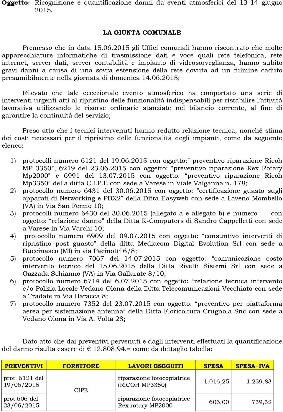 videosorveglianza, hanno subito gravi danni a causa di una sovra estensione della rete dovuta ad un fulmine caduto presumibilmente nella giornata di domenica 14.06.