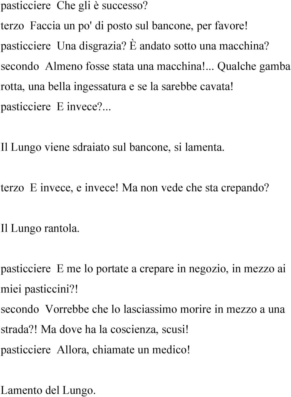 ... Il Lungo viene sdraiato sul bancone, si lamenta. terzo E invece, e invece! Ma non vede che sta crepando? Il Lungo rantola.