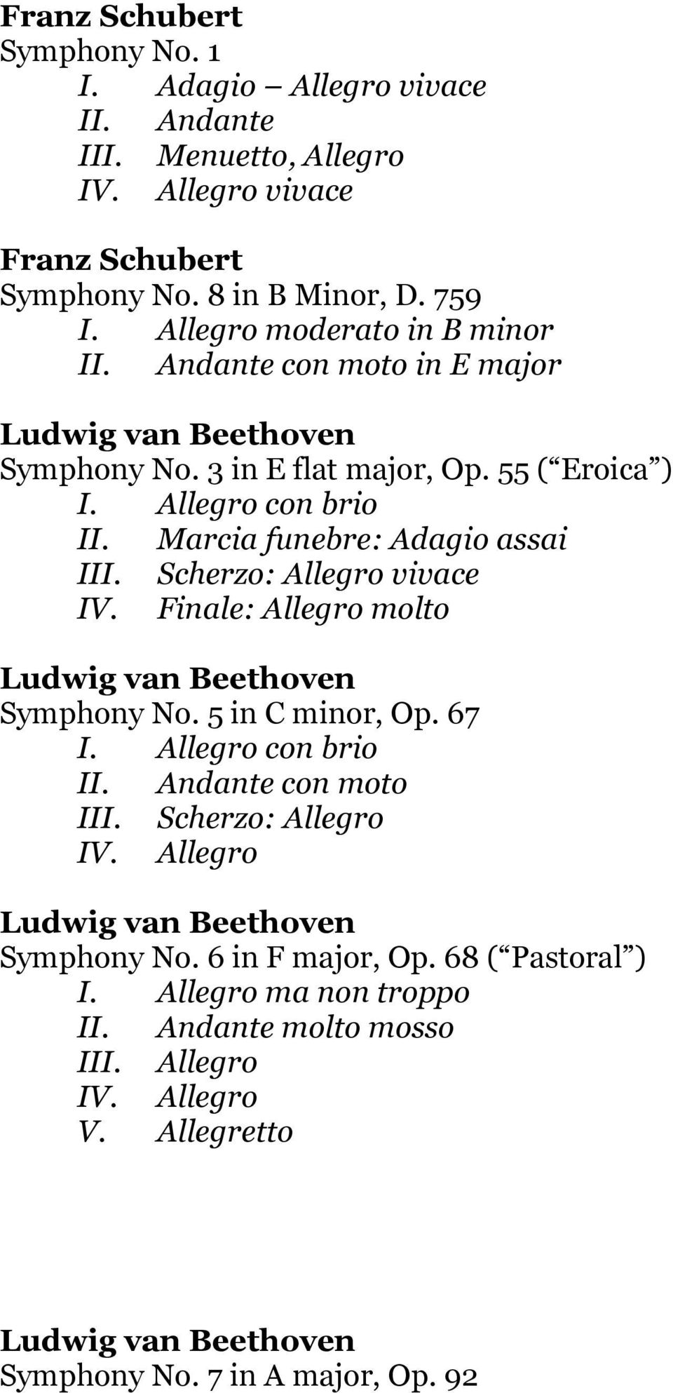 Marcia funebre: Adagio assai III. Scherzo: Allegro vivace IV. Finale: Allegro molto Symphony No. 5 in C minor, Op. 67 I. Allegro con brio II. Andante con moto III.