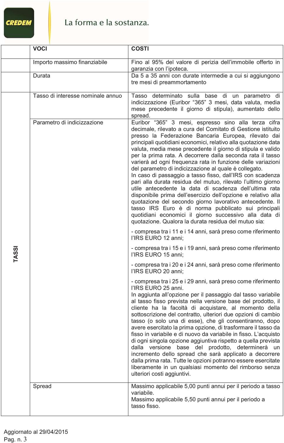 parametro di indicizzazione (Euribor 365 3 mesi, data valuta, media mese precedente il giorno di stipula), aumentato dello spread.