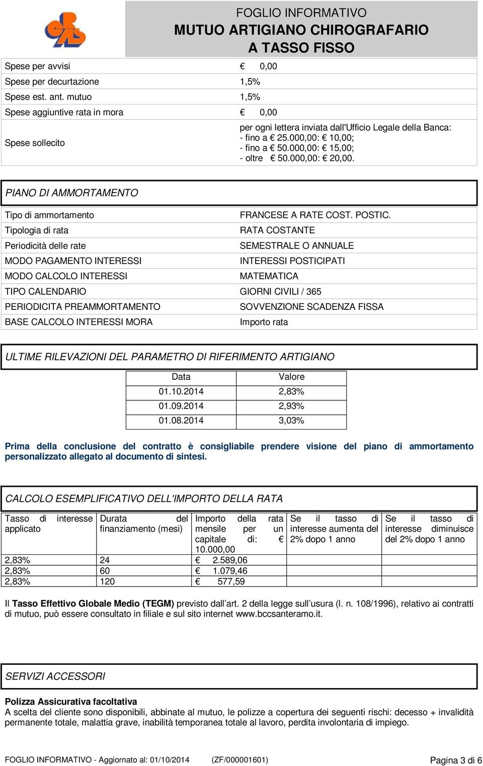 000,00: 15,00; - oltre 50.000,00: 20,00. PIANO DI AMMORTAMENTO Tipo di ammortamento FRANCESE A RATE COST. POSTIC.