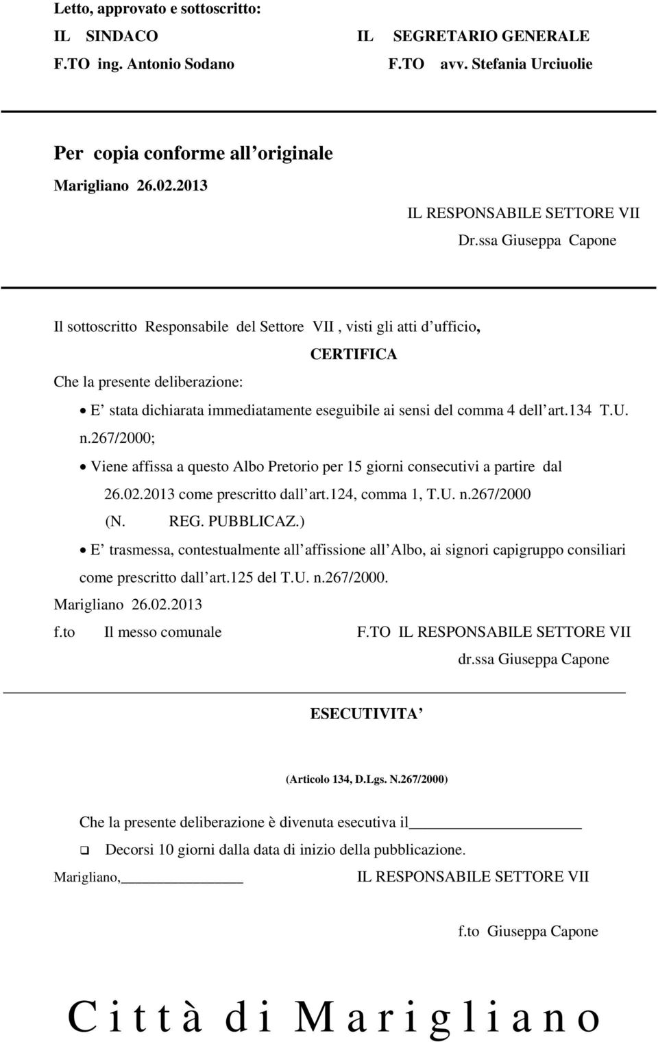 ssa Giuseppa Capone Il sottoscritto Responsabile del Settore VII, visti gli atti d ufficio, CERTIFICA Che la presente deliberazione: E stata dichiarata immediatamente eseguibile ai sensi del comma 4