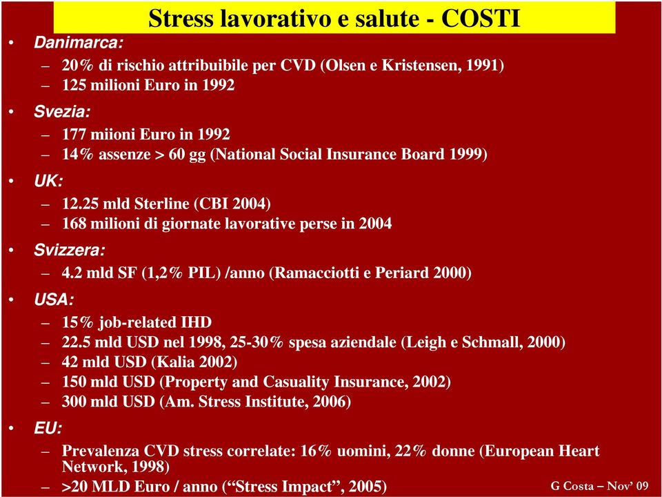 2 mld SF (1,2% PIL) /anno (Ramacciotti e Periard 2000) USA: 15% job-related IHD 22.
