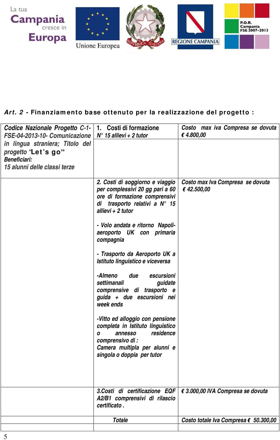 Costi di soggiorno e viaggio per complessivi 20 gg pari a 60 ore di formazione comprensivi di trasporto relativi a N 15 allievi + 2 tutor - Volo andata e ritorno Napoliaeroporto UK con primaria