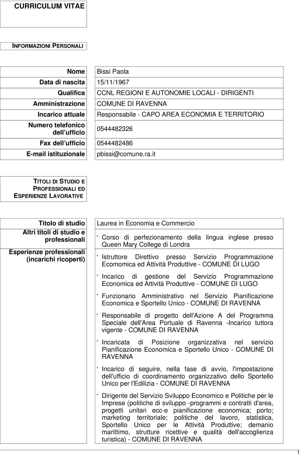 it TITOLI DI STUDIO E PROFESSIONALI ED ESPERIENZE LAVORATIVE Titolo di studio Altri titoli di studio e professionali Esperienze professionali (incarichi ricoperti) Laurea in Economia e Commercio -