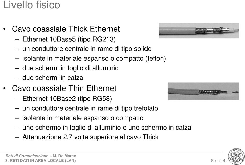 Ethernet 10Base2 (tipo RG58) un conduttore centrale in rame di tipo trefolato isolante in materiale espanso o compatto uno schermo