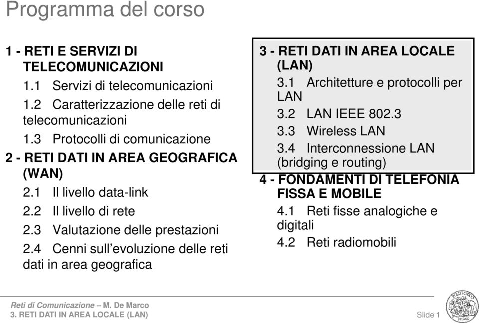 4 Cenni sull evoluzione delle reti dati in area geografica 3 - RETI DATI IN AREA LOCALE (LAN) 3.1 Architetture e protocolli per LAN 3.2 LAN IEEE 802.3 3.