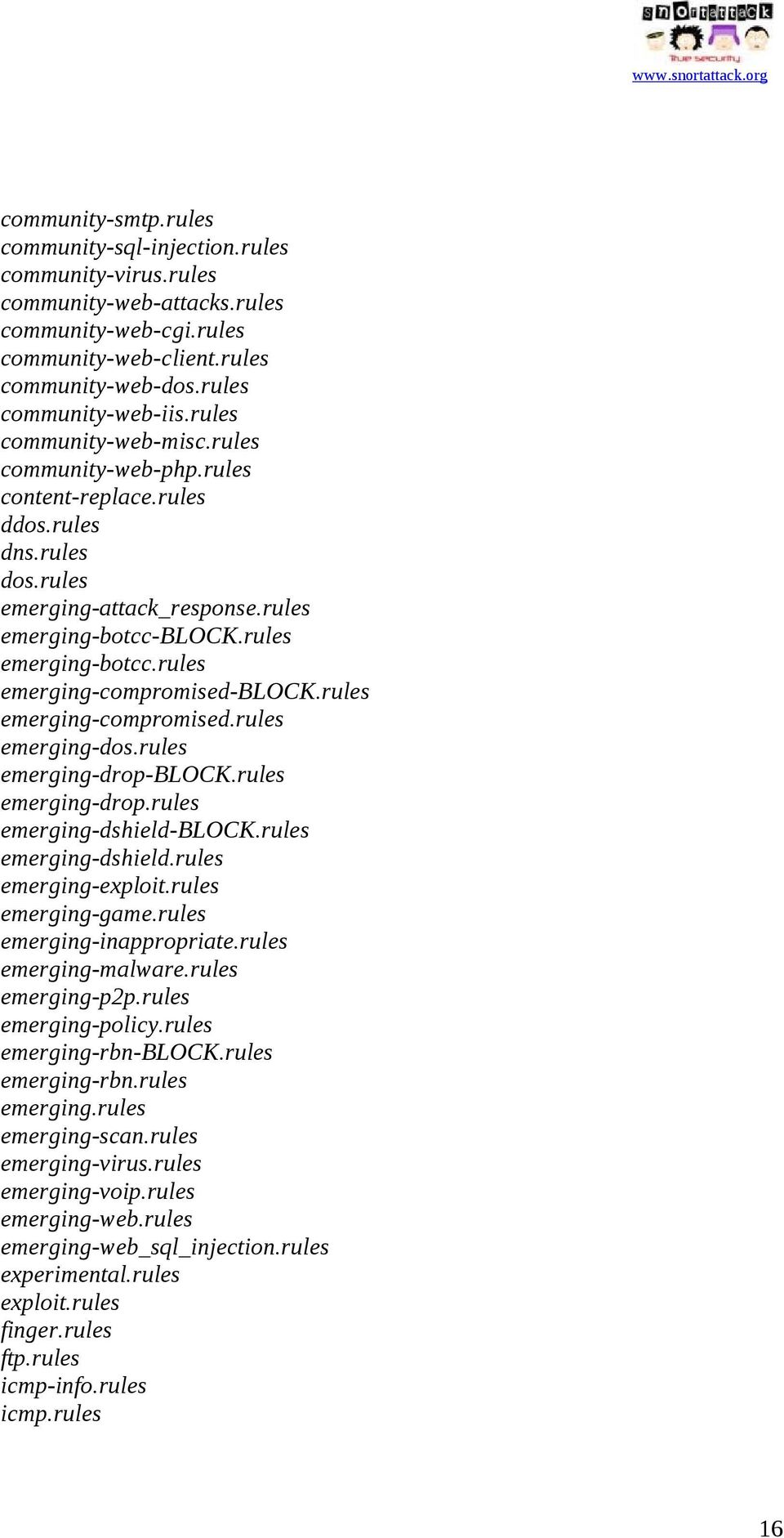 rules emerging-compromised.rules emerging-dos.rules emerging-drop-block.rules emerging-drop.rules emerging-dshield-block.rules emerging-dshield.rules emerging-exploit.rules emerging-game.