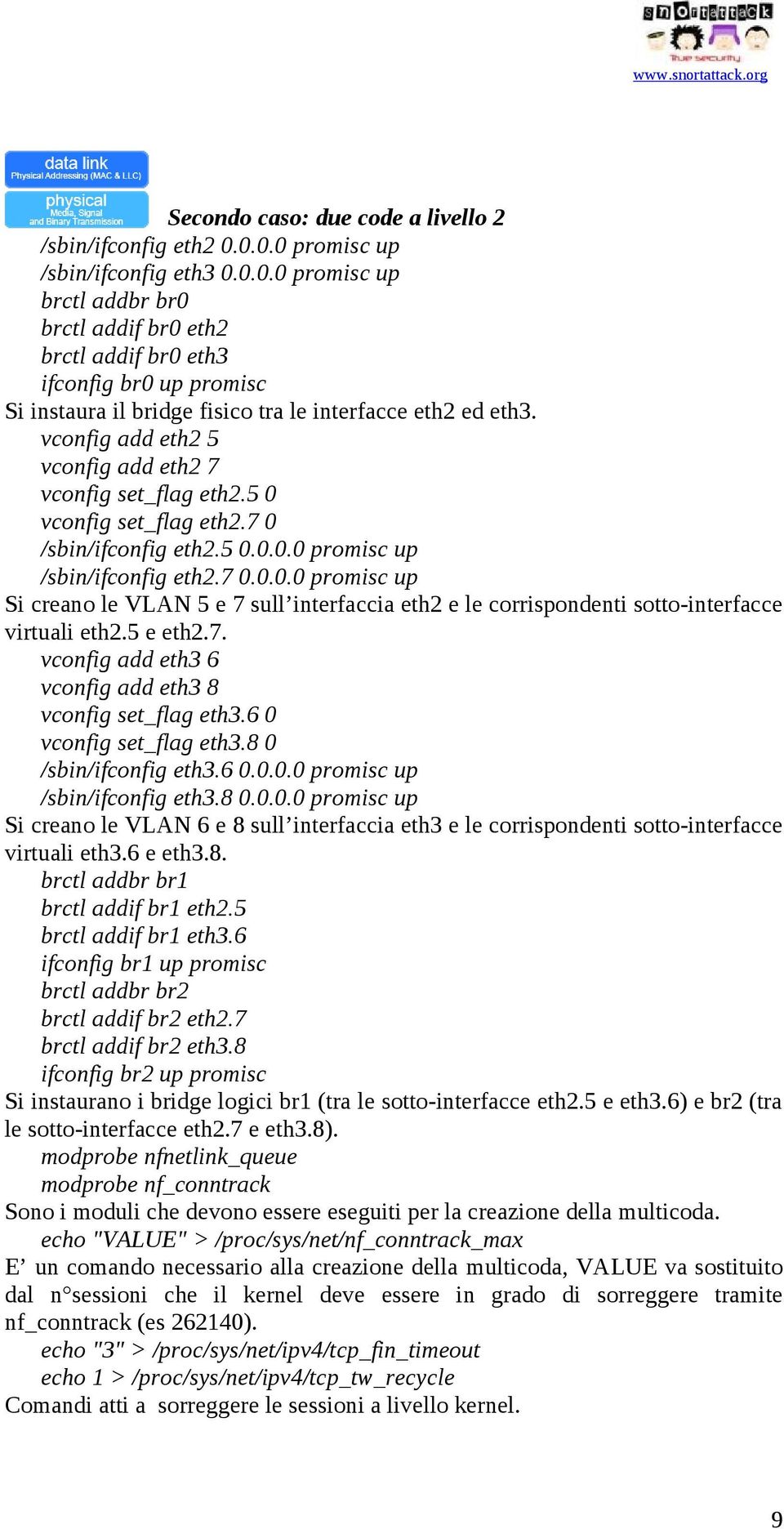 vconfig add eth2 5 vconfig add eth2 7 vconfig set_flag eth2.5 0 vconfig set_flag eth2.7 0 /sbin/ifconfig eth2.5 0.0.0.0 promisc up /sbin/ifconfig eth2.7 0.0.0.0 promisc up Si creano le 5 e 7 sull interfaccia eth2 e le corrispondenti sotto-interfacce virtuali eth2.