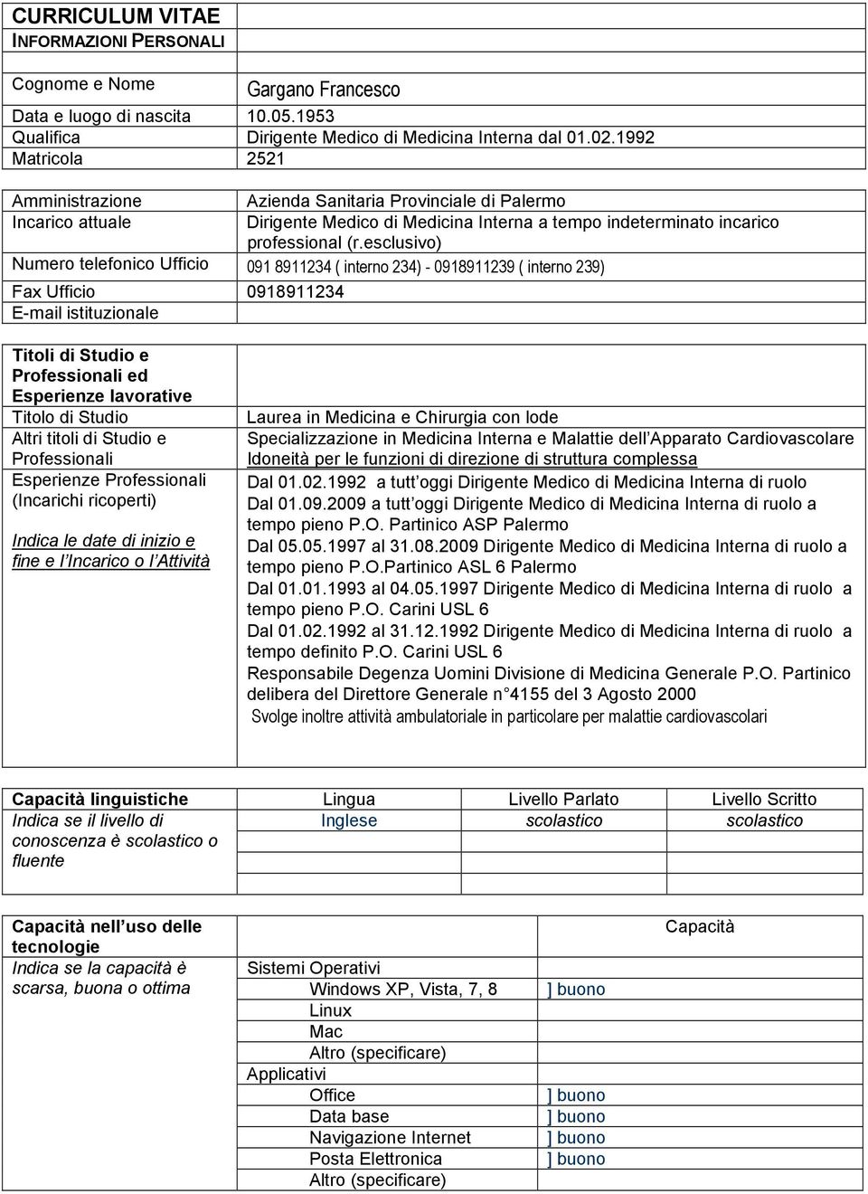 esclusivo) Numero telefonico Ufficio 091 8911234 ( interno 234) - 0918911239 ( interno 239) Fax Ufficio 0918911234 E-mail istituzionale Titoli di Studio e Professionali ed Esperienze lavorative