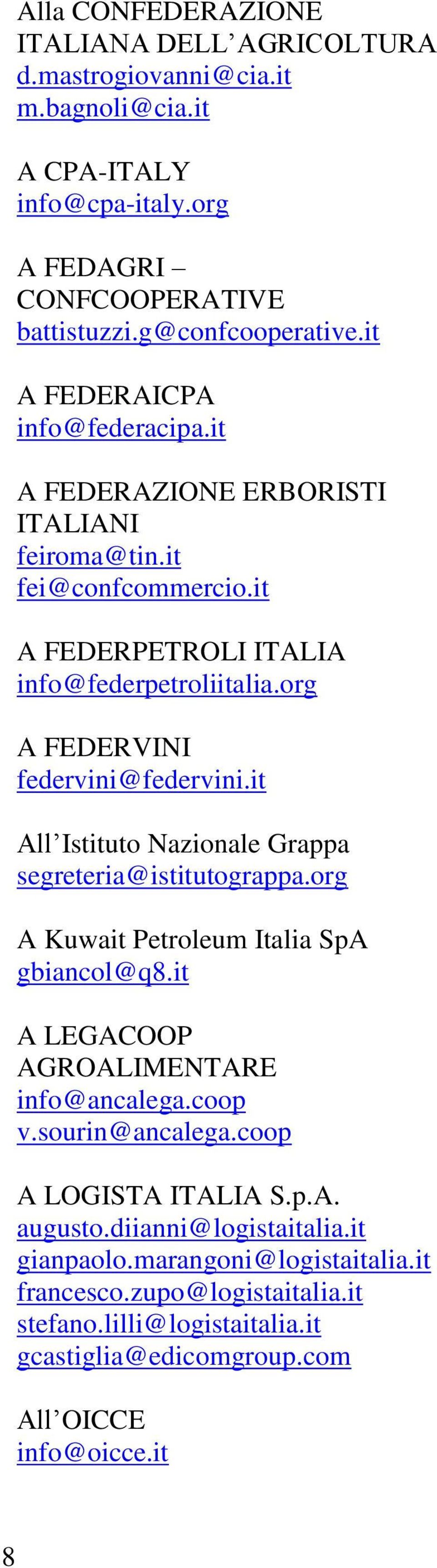 it All Istituto Nazionale Grappa segreteria@istitutograppa.org A Kuwait Petroleum Italia SpA gbiancol@q8.it A LEGACOOP AGROALIMENTARE info@ancalega.coop v.sourin@ancalega.