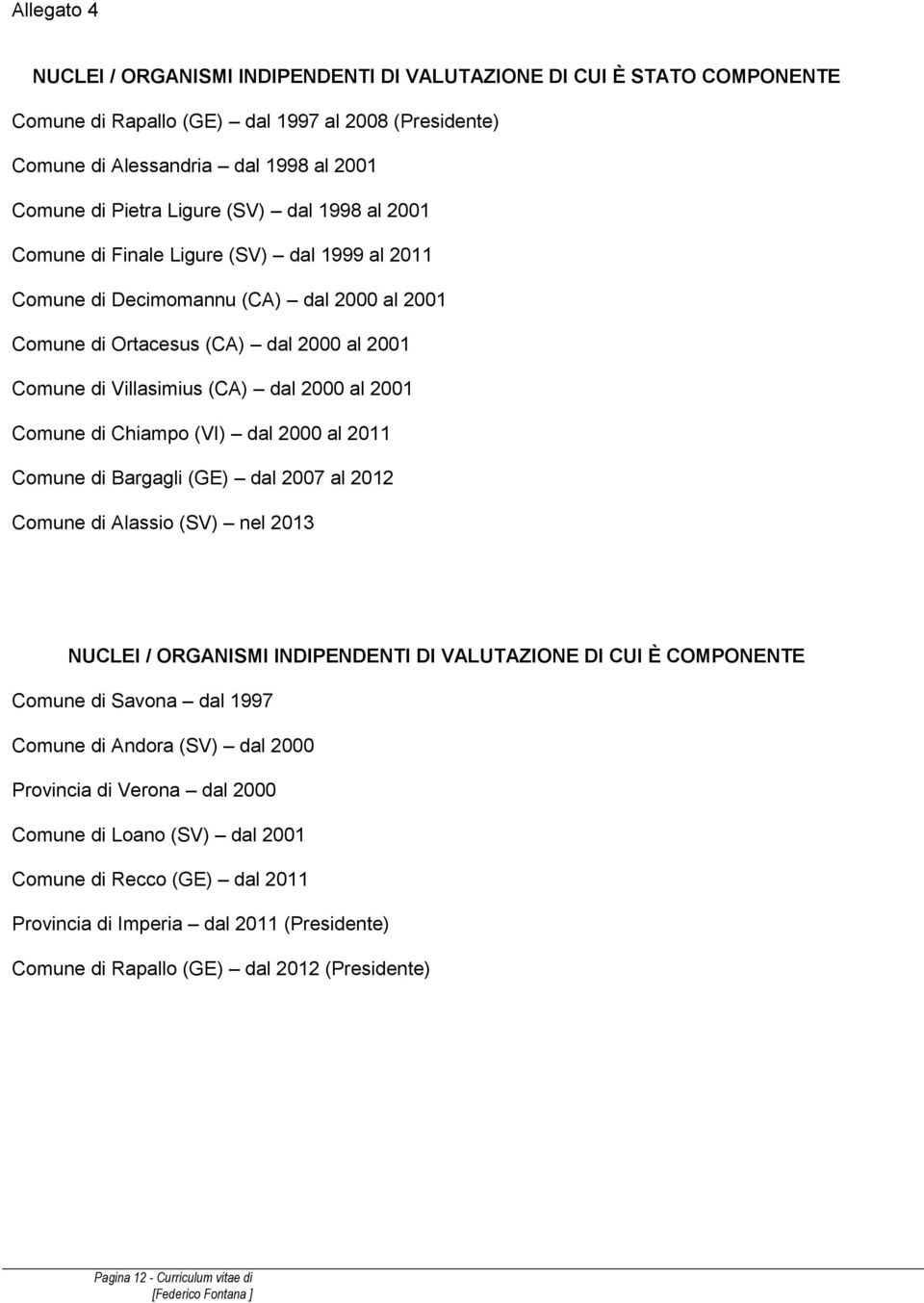 Comune di Chiampo (VI) dal 2000 al 2011 Comune di Bargagli (GE) dal 2007 al 2012 Comune di Alassio (SV) nel 2013 NUCLEI / ORGANISMI INDIPENDENTI DI VALUTAZIONE DI CUI È COMPONENTE Comune di Savona