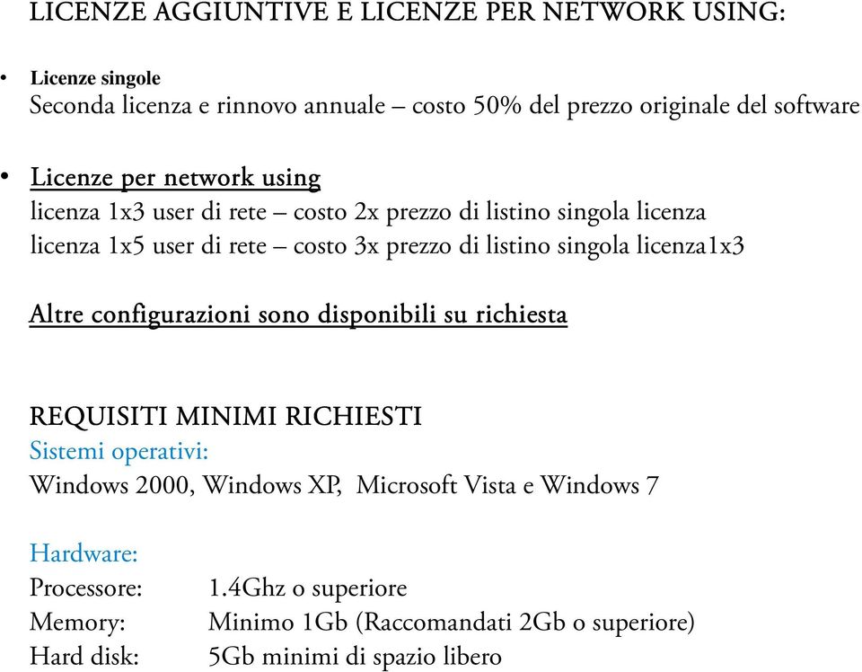 singola licenza1x3 Altre configurazioni sono disponibili su richiesta REQUISITI MINIMI RICHIESTI Sistemi operativi: Windows 2000, Windows XP,