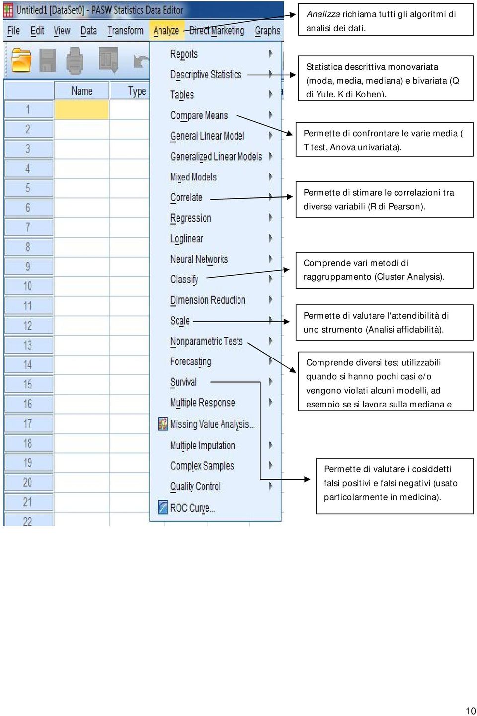 Comprende vari metodi di raggruppamento (Cluster Analysis). Permette di valutare l'attendibilità di uno strumento (Analisi affidabilità).