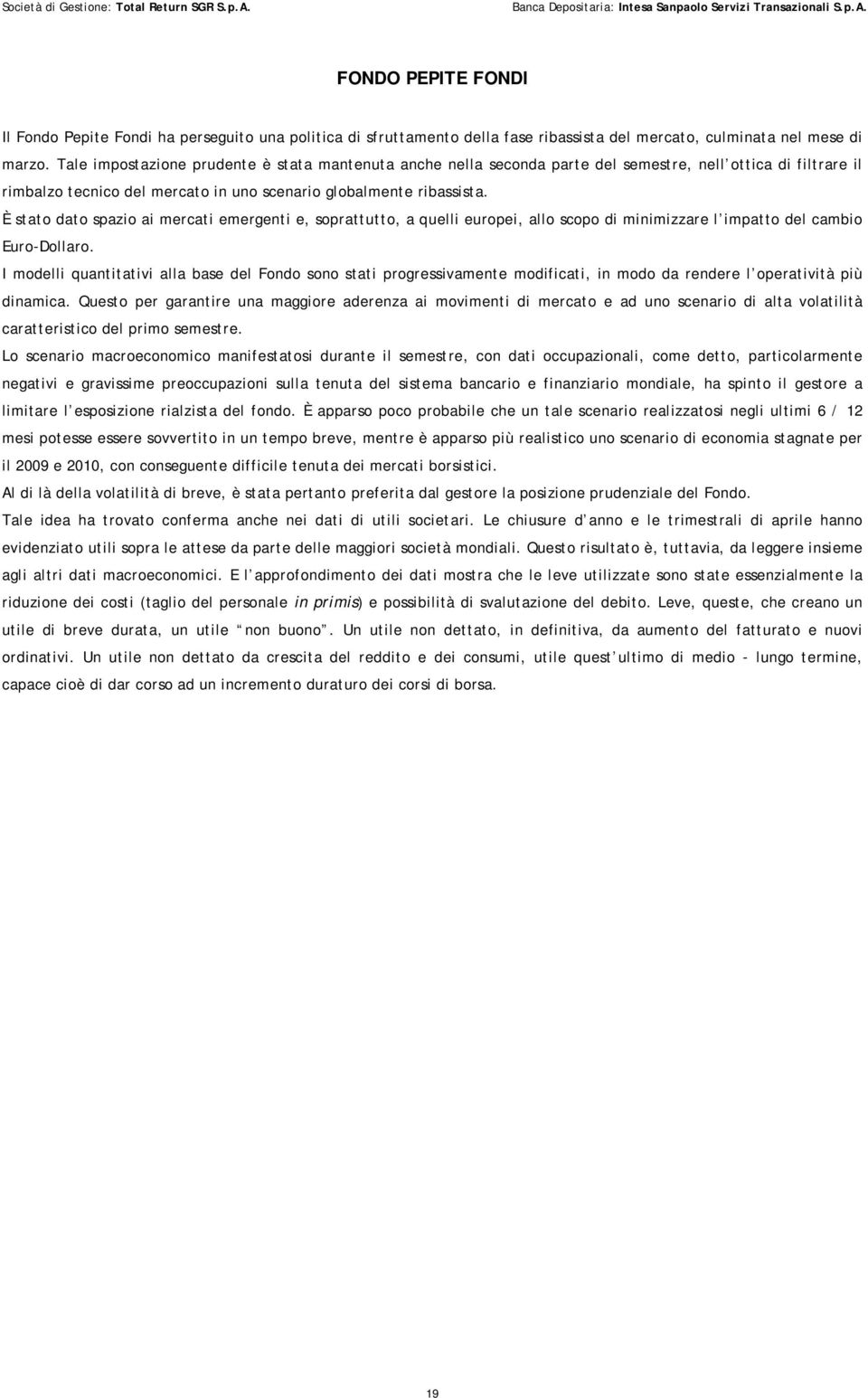 È stato dato spazio ai mercati emergenti e, soprattutto, a quelli europei, allo scopo di minimizzare l impatto del cambio Euro-Dollaro.