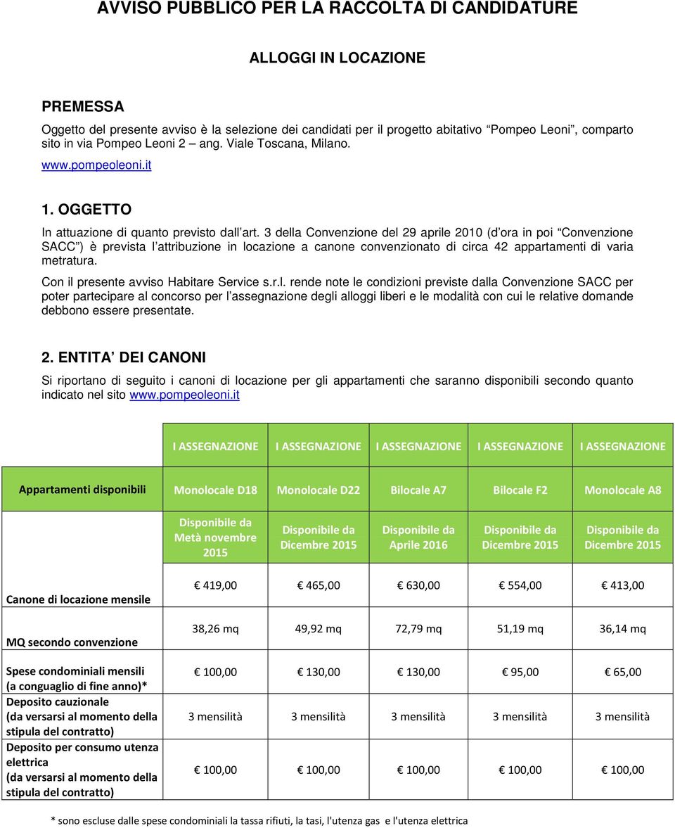 3 della Convenzione del 29 aprile 2010 (d ora in poi Convenzione SACC ) è prevista l attribuzione in locazione a canone convenzionato di circa 42 appartamenti di varia metratura.