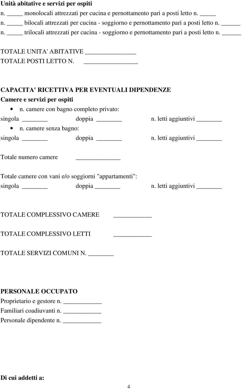 CAPACITA' RICETTIVA PER EVENTUALI DIPENDENZE Camere e servizi per ospiti n. camere con bagno completo privato: n.