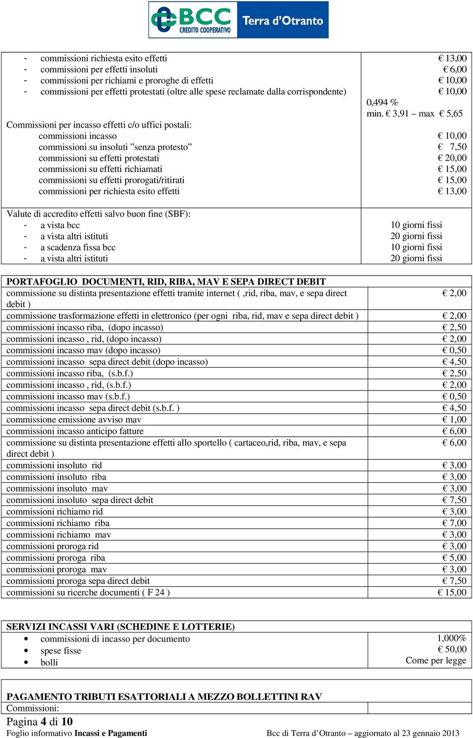 commissioni su effetti prorogati/ritirati commissioni per richiesta esito effetti Valute di accredito effetti salvo buon fine (SBF): - a vista bcc - a vista altri istituti - a scadenza fissa bcc - a