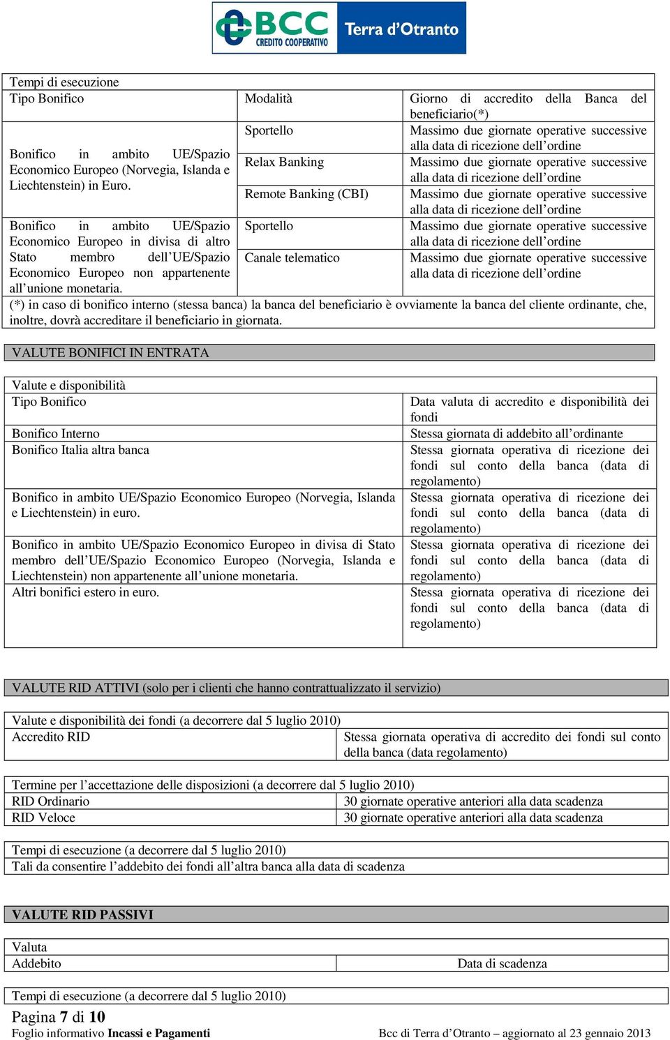 Relax Banking Remote Banking (CBI) Sportello Canale telematico alla data di ricezione dell ordine Massimo due giornate operative successive alla data di ricezione dell ordine Massimo due giornate