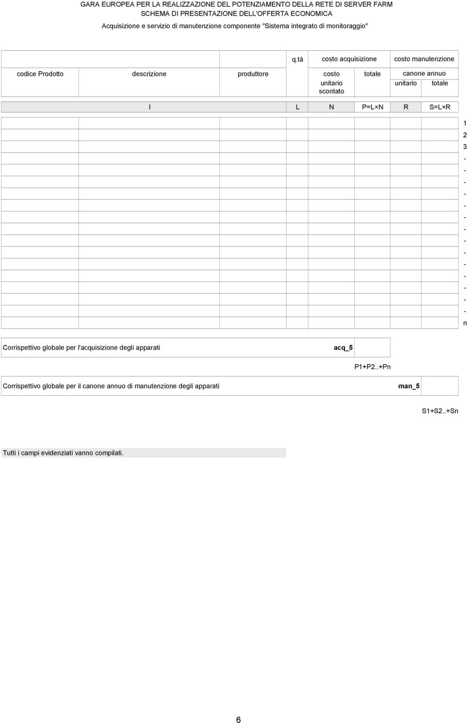 unitario unitario totale scontato I L N P=L N R S=L R 1 2 3 n Corrispettivo globale per l'acquisizione