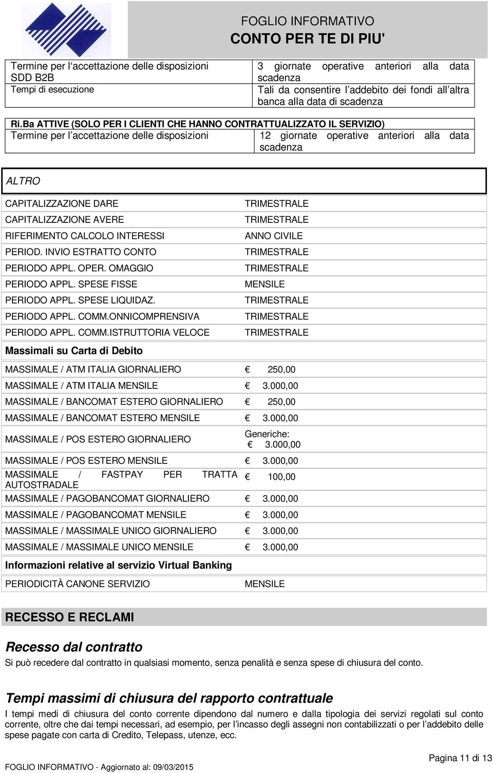 Ba ATTIVE (SOLO PER I CLIENTI CHE HANNO CONTRATTUALIZZATO IL SERVIZIO) Termine per l accettazione delle disposizioni 12 giornate operative anteriori alla data scadenza ALTRO CAPITALIZZAZIONE DARE