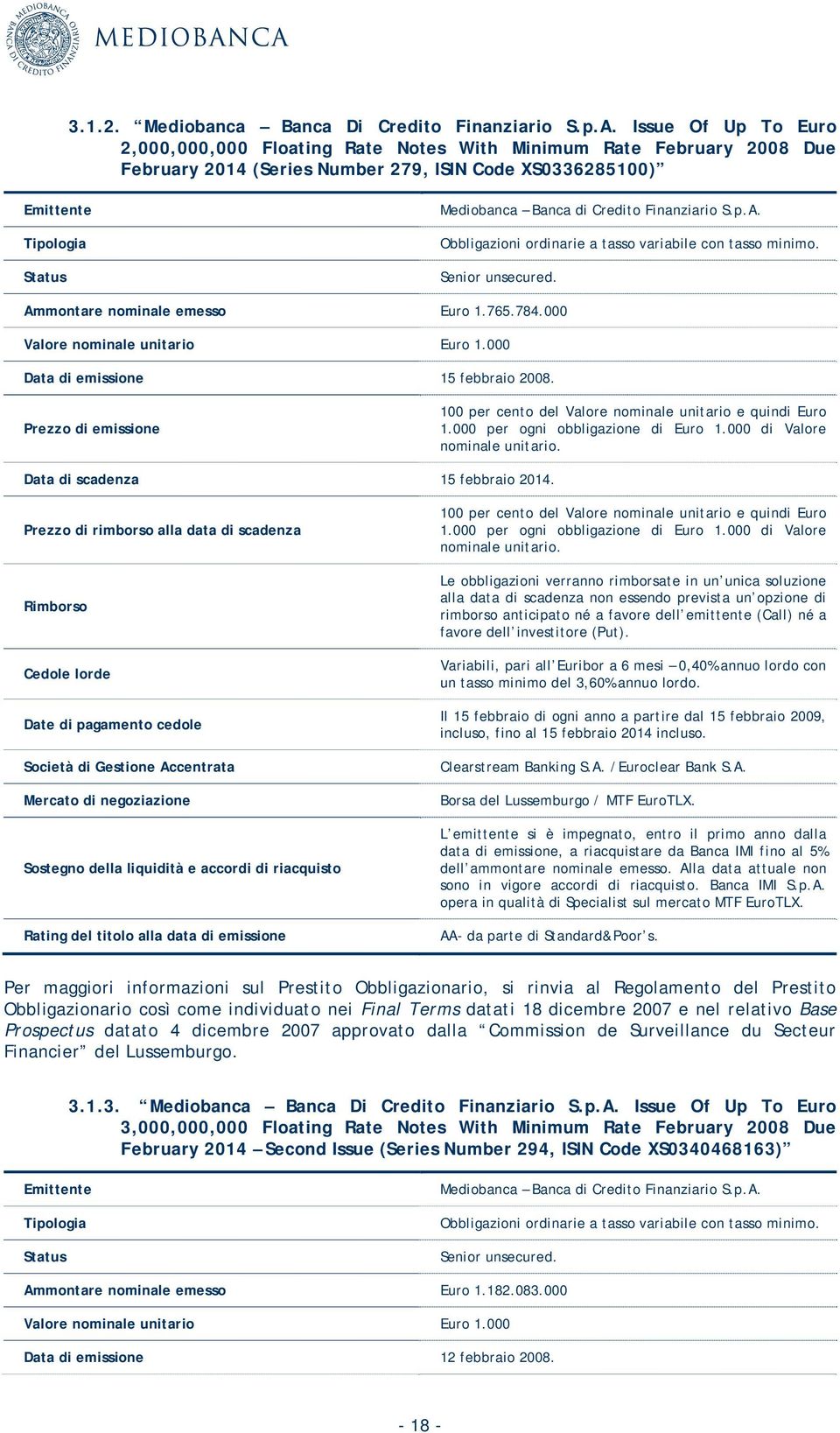 Credito Finanziario S.p.A. Obbligazioni ordinarie a tasso variabile con tasso minimo. Senior unsecured. Ammontare nominale emesso Euro 1.765.784.000 Valore nominale unitario Euro 1.