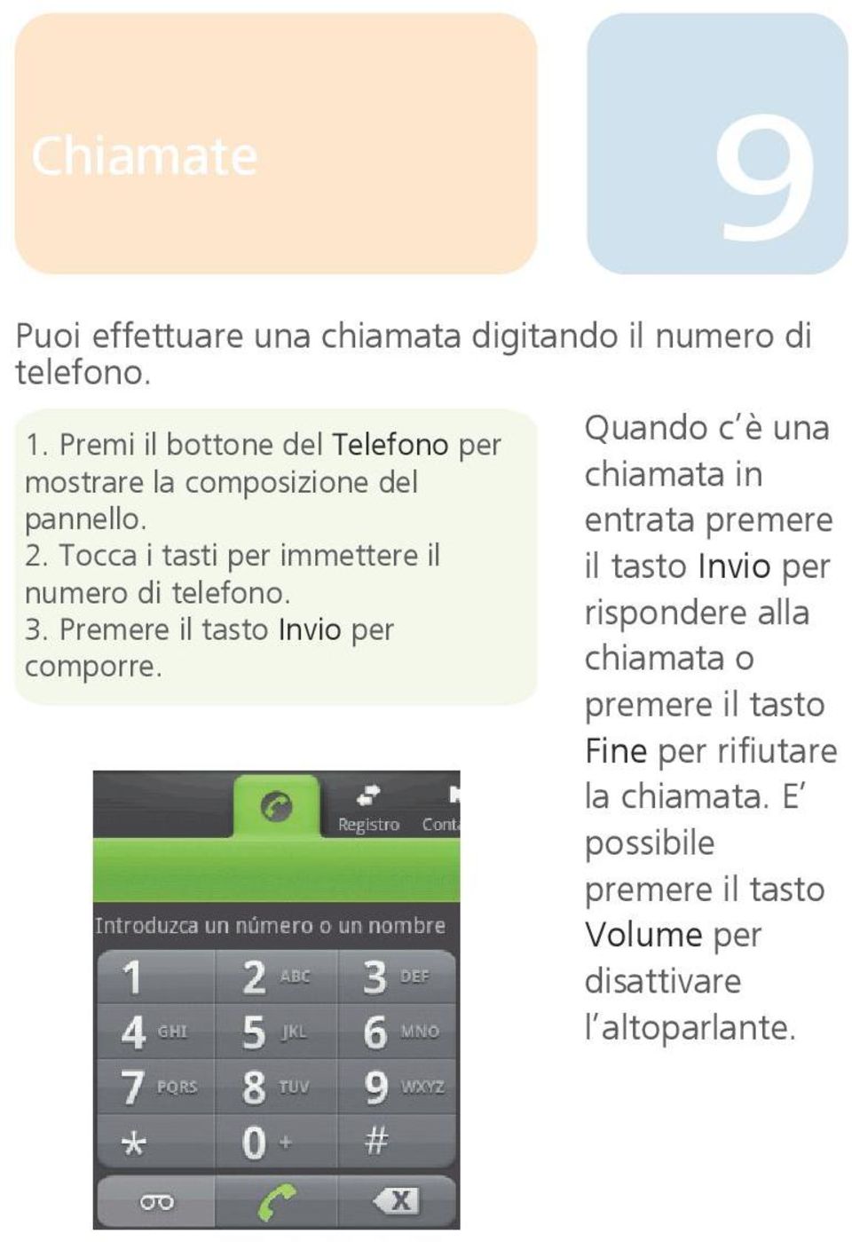 Tocca i tasti per immettere il numero di telefono. 3. Premere il tasto Invio per comporre.